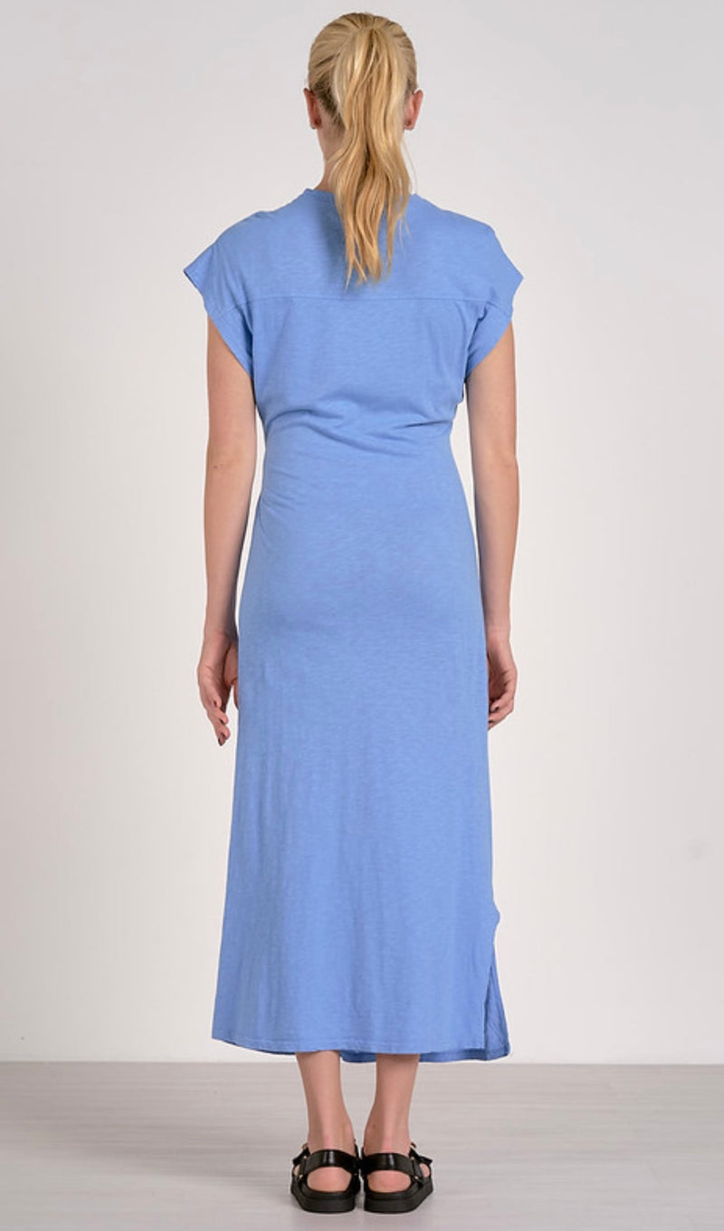 Elan Blue Short Sleeve Side Tie Sash Side Slits Maxi Dress