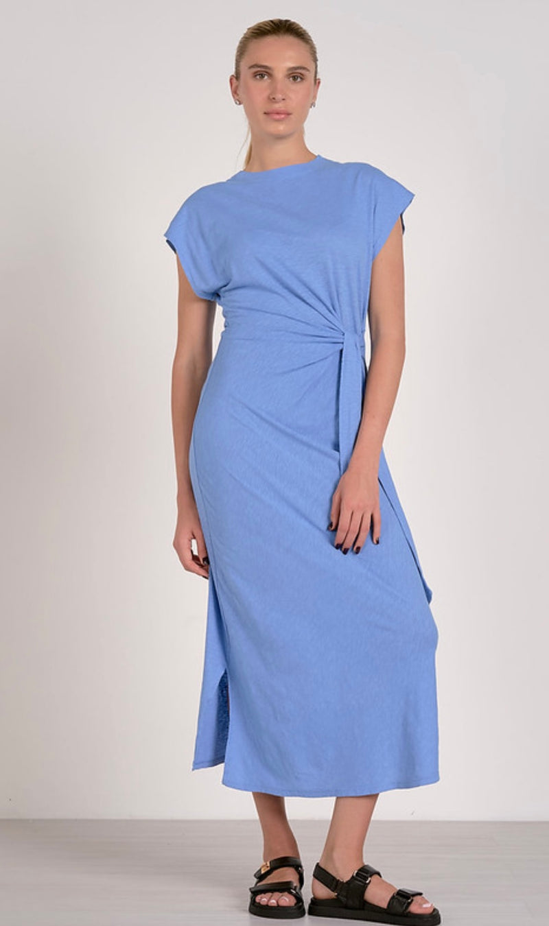 Elan Blue Short Sleeve Side Tie Sash Side Slits Maxi Dress