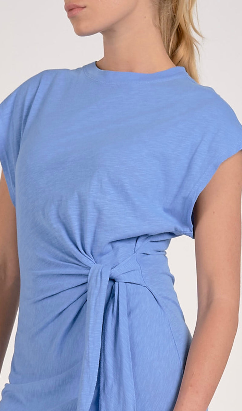 Elan Blue Short Sleeve Side Tie Sash Side Slits Maxi Dress