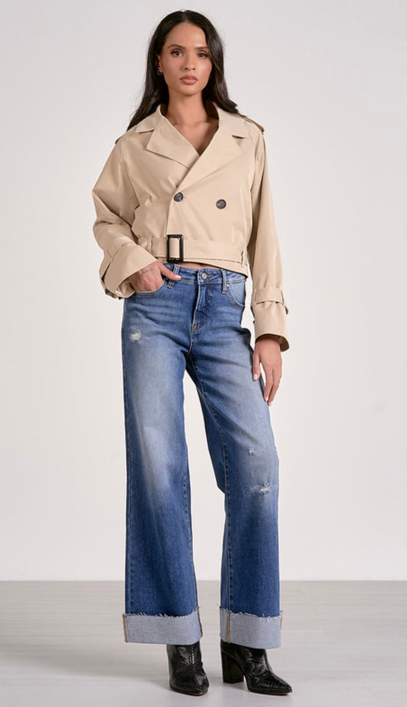 Elan Natural Long Sleeve Belted Cropped Trench Coat