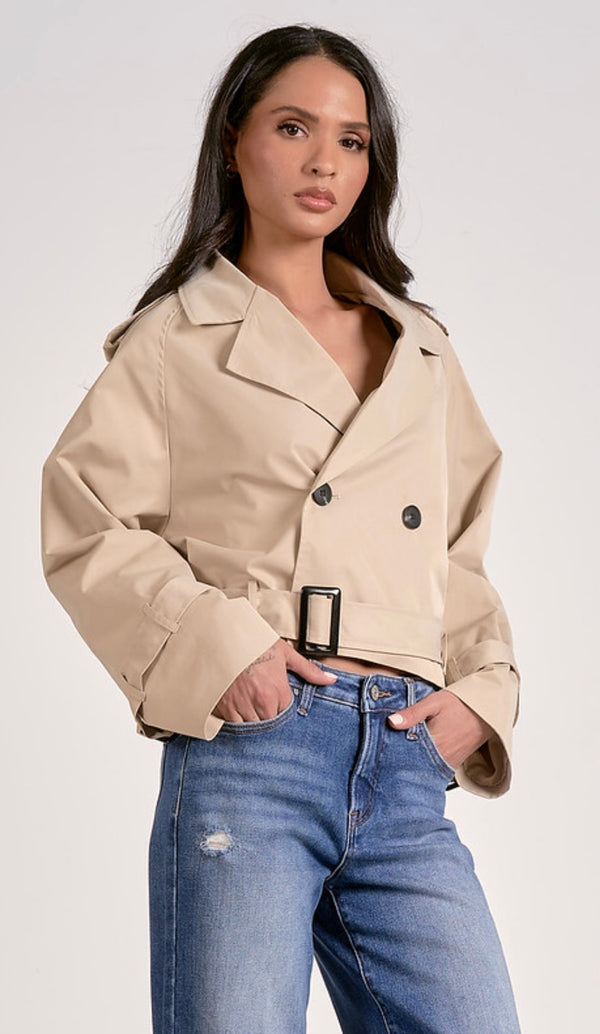 Elan Natural Long Sleeve Belted Cropped Trench Coat
