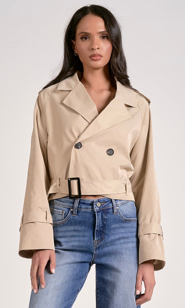 Elan Natural Long Sleeve Belted Cropped Trench Coat