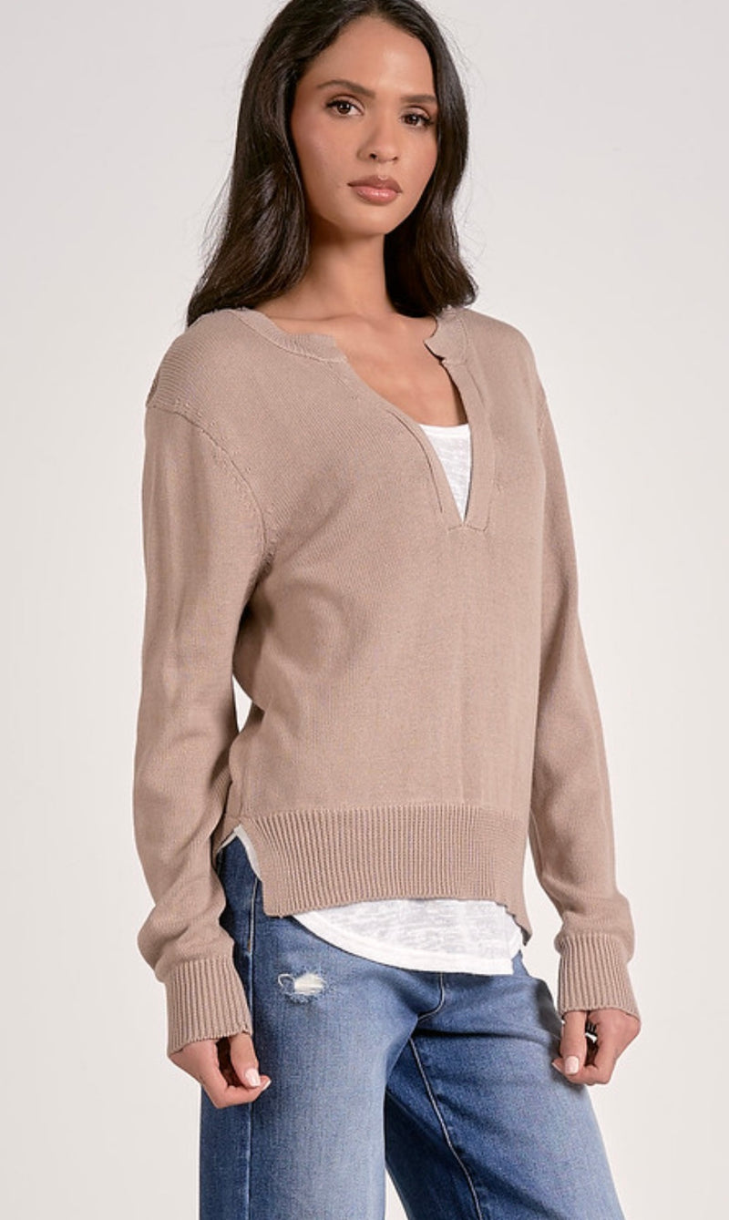 Elan Oatmeal White Long Sleeve Mix Media Sweater
