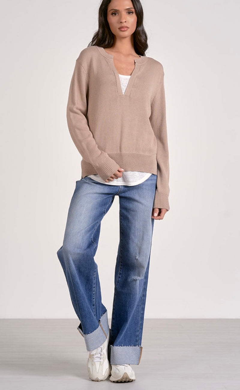 Elan Oatmeal White Long Sleeve Mix Media Sweater