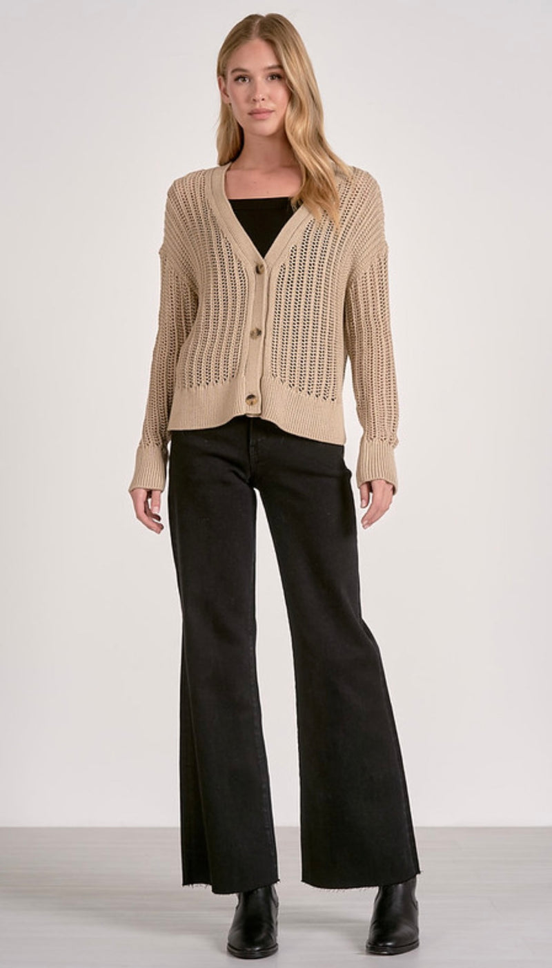 Elan Taupe VNeck Button Open Weave Open Weave Cardigan Sweater