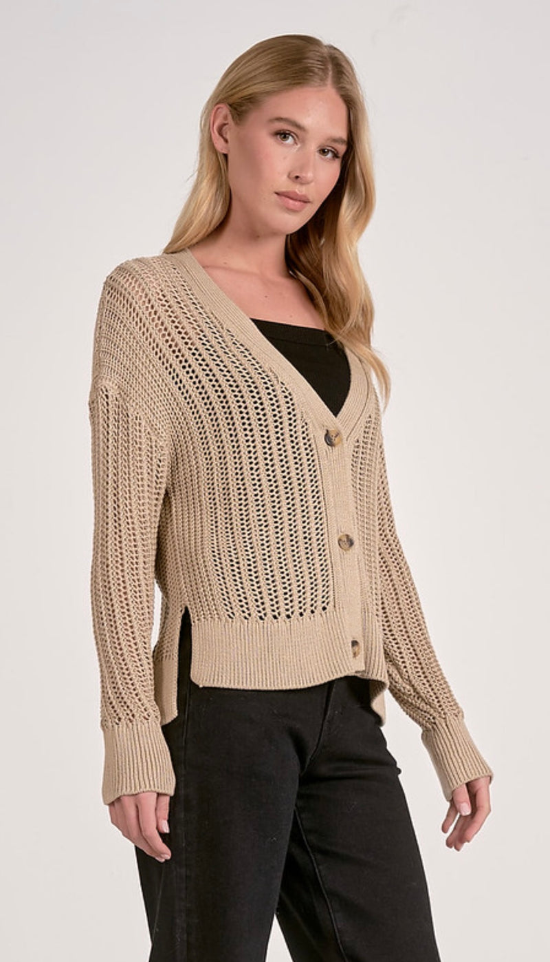 Elan Taupe VNeck Button Open Weave Open Weave Cardigan Sweater
