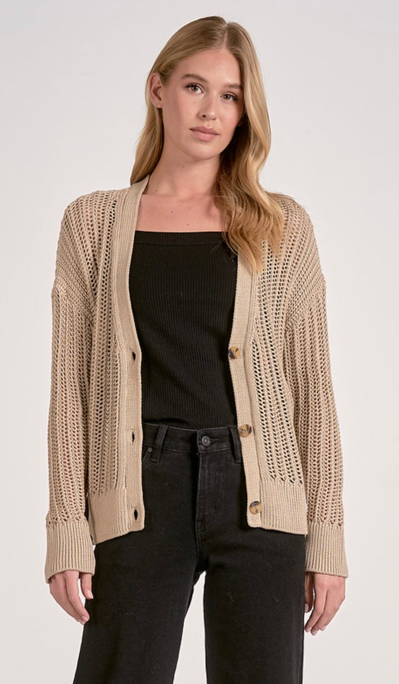 Elan Taupe VNeck Button Open Weave Open Weave Cardigan Sweater