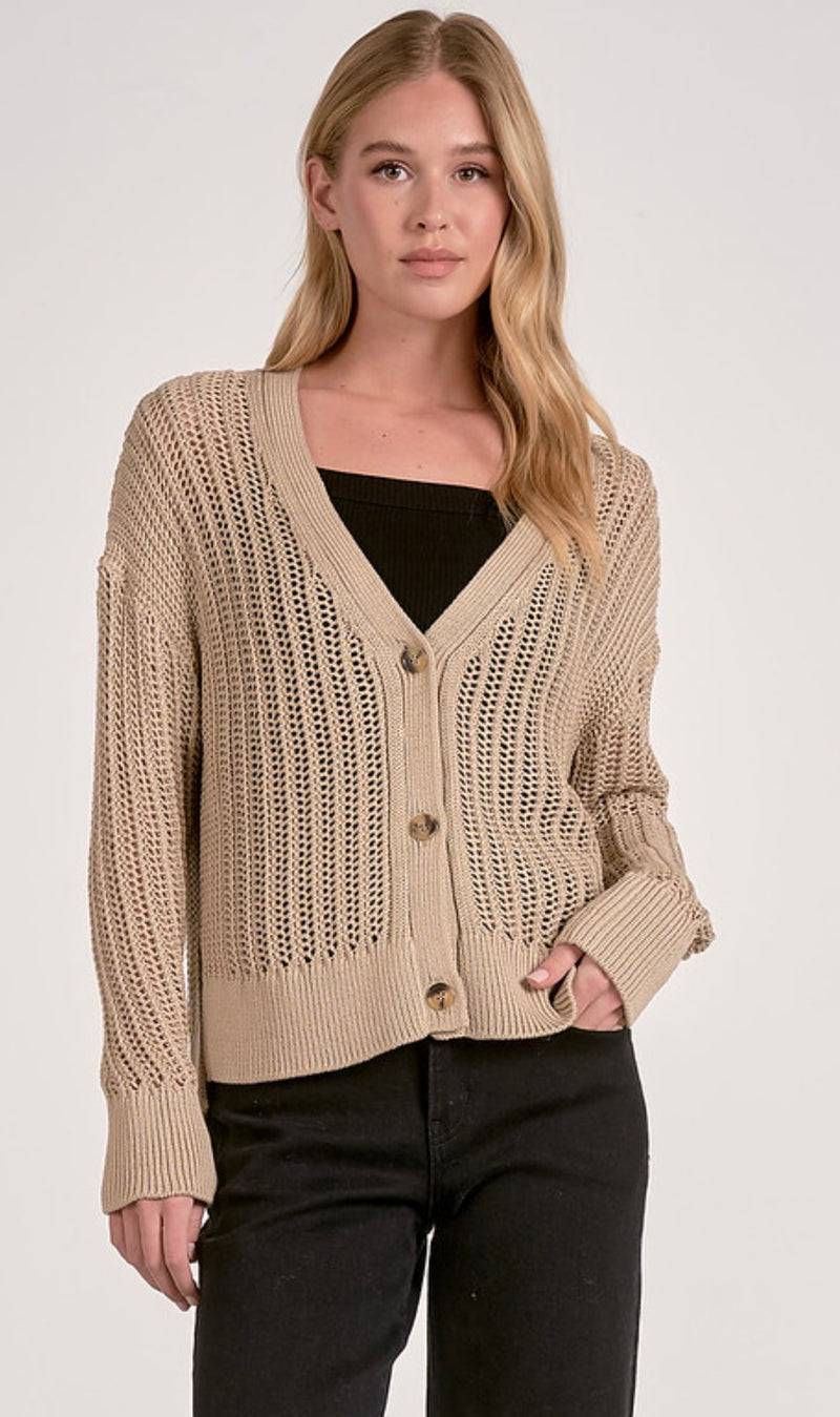 Elan Taupe VNeck Button Open Weave Open Weave Cardigan Sweater