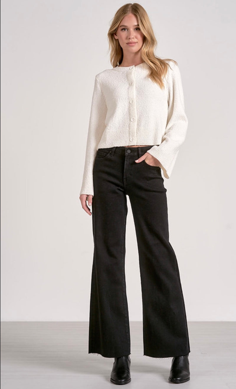 Elan Off White Crew Neck Bell Sleeve Cropped Sweater