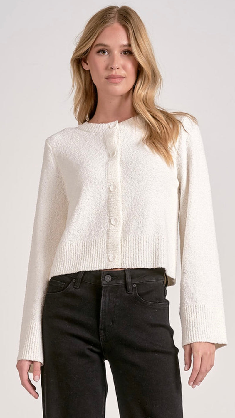 Elan Off White Crew Neck Bell Sleeve Cropped Sweater