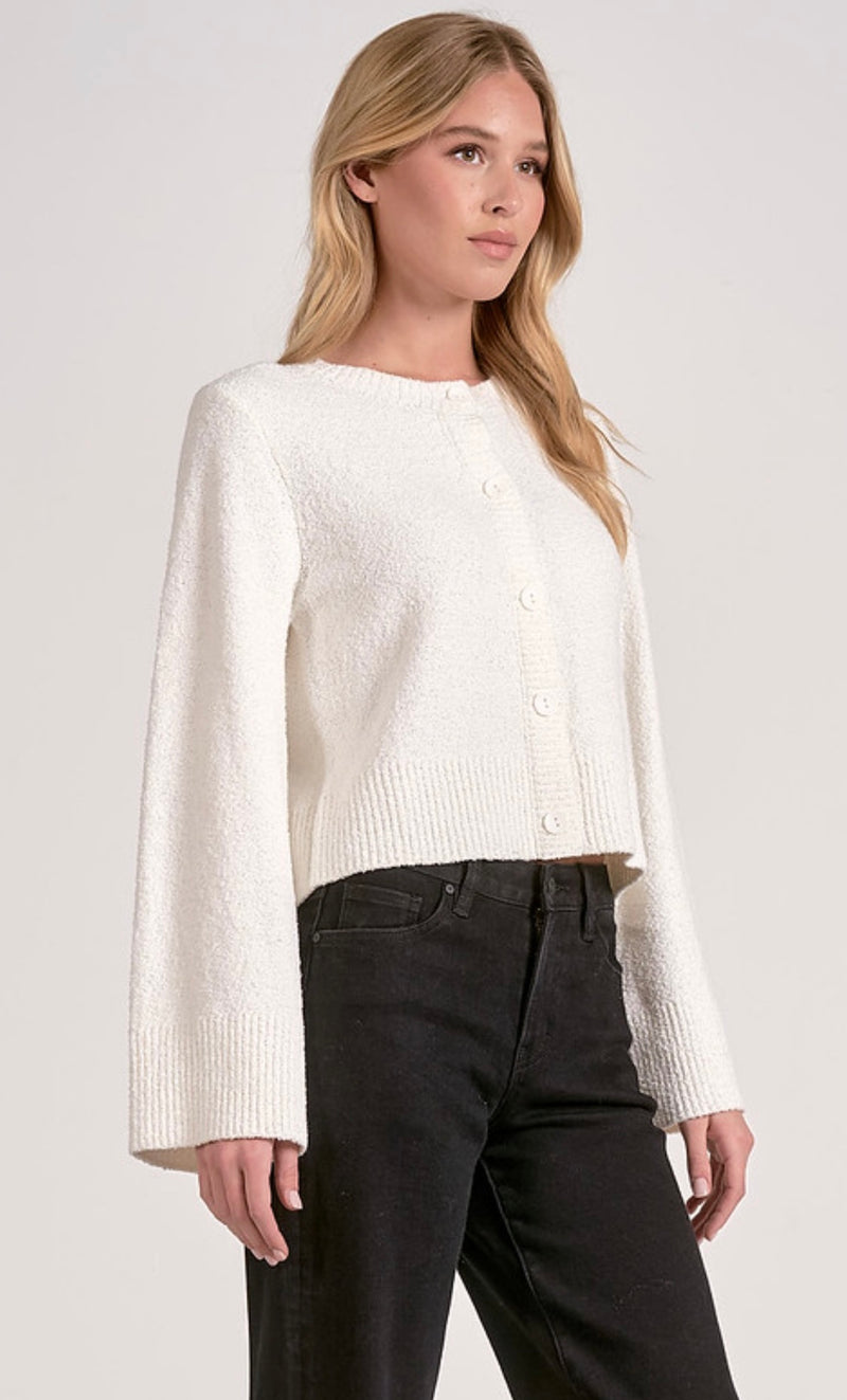 Elan Off White Crew Neck Bell Sleeve Cropped Sweater