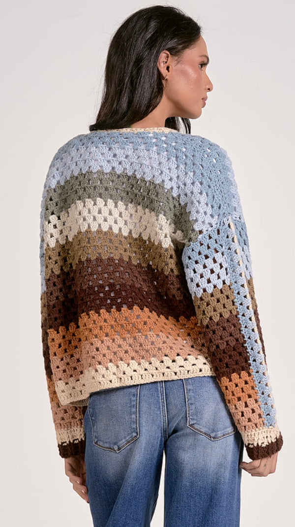 Elan Neutral Multi Stripe Open Front Crochet Cardigan Sweater