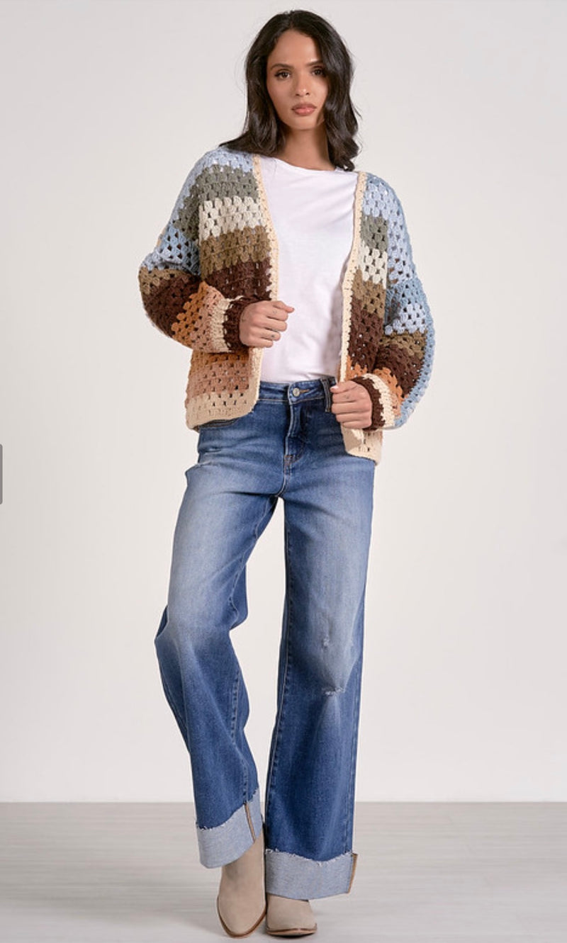 Elan Neutral Multi Stripe Open Front Crochet Cardigan Sweater