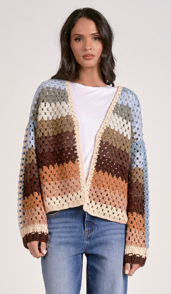 Elan Neutral Multi Stripe Open Front Crochet Cardigan Sweater