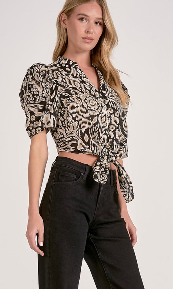 Elan Black Acorn Print Cropped Tie Waist Short Sleeve Button Up Blouse Top
