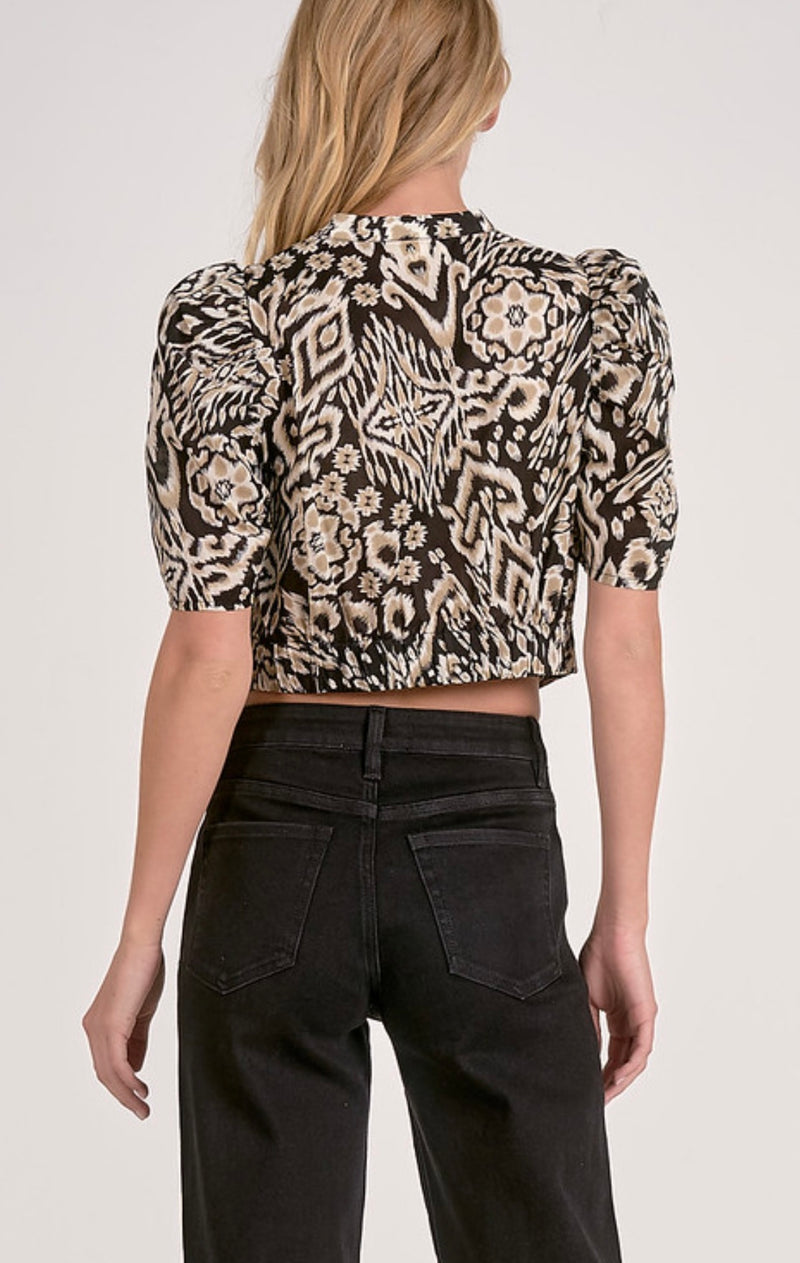Elan Black Acorn Print Cropped Tie Waist Short Sleeve Button Up Blouse Top