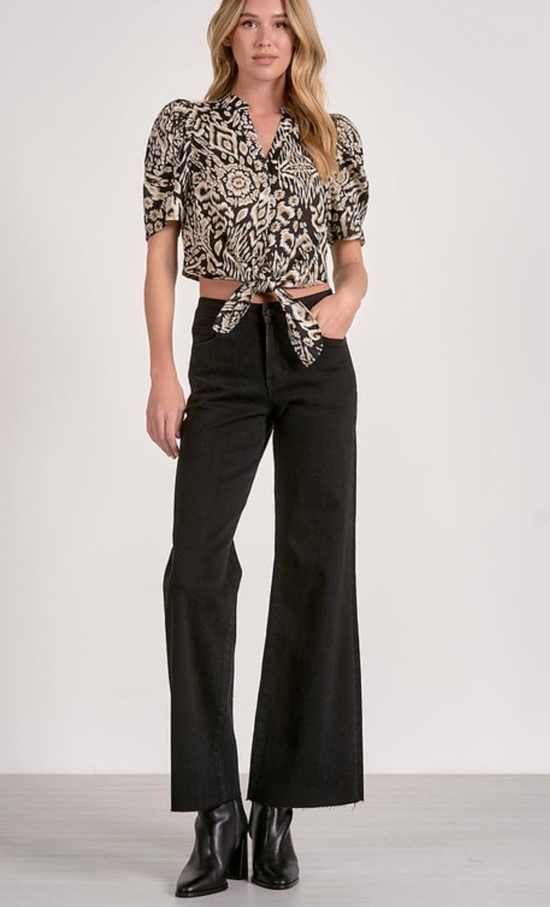 Elan Black Acorn Print Cropped Tie Waist Short Sleeve Button Up Blouse Top