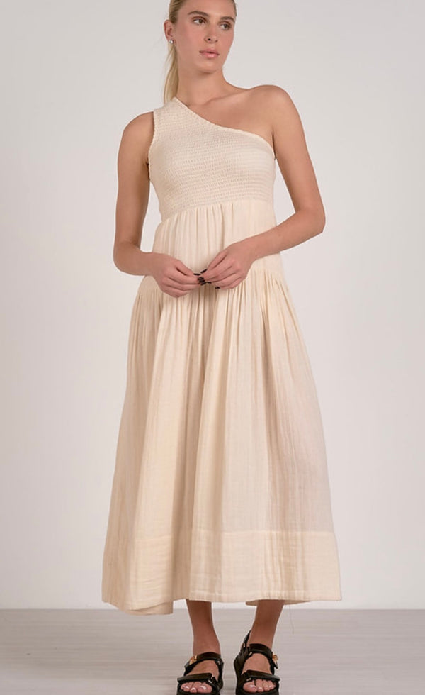 Elan Natural Smocked One Shoulder Bodice Maxi Dress