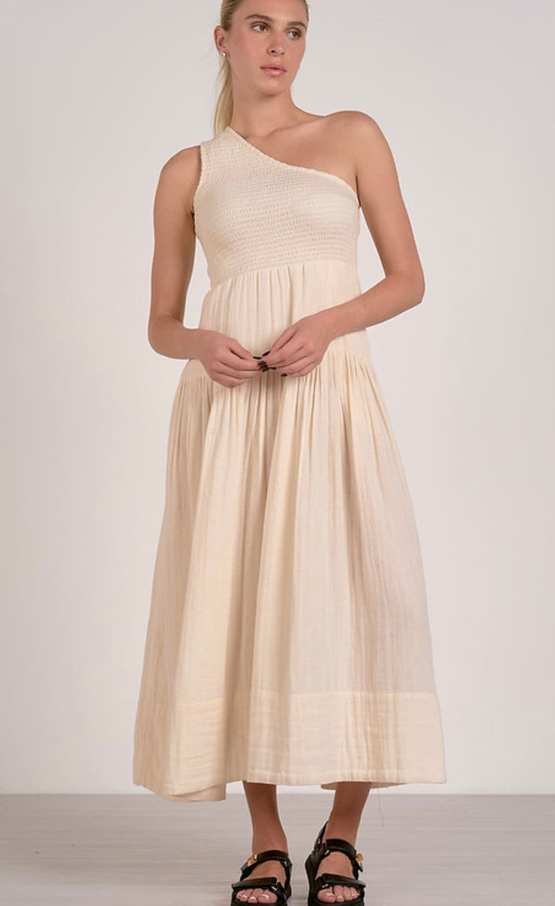 Elan Natural Smocked One Shoulder Bodice Maxi Dress