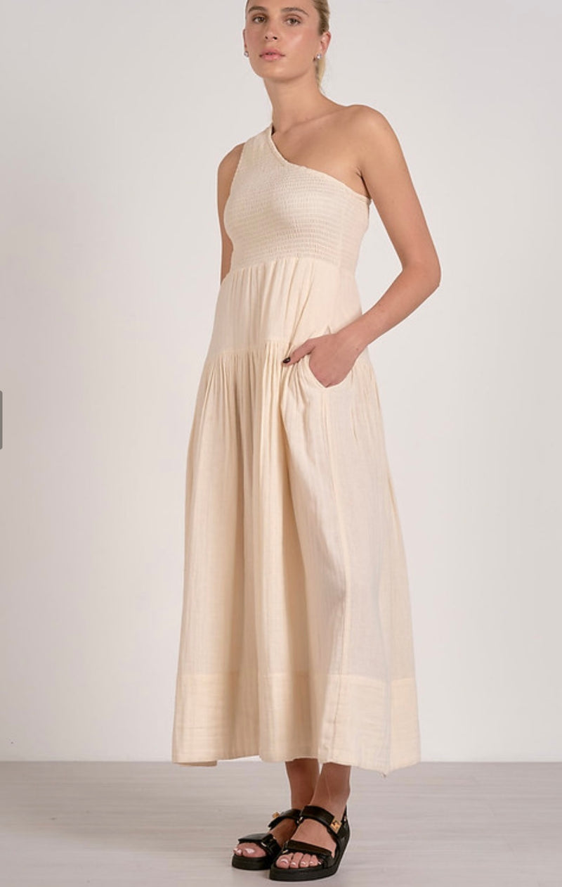 Elan Natural Smocked One Shoulder Bodice Maxi Dress