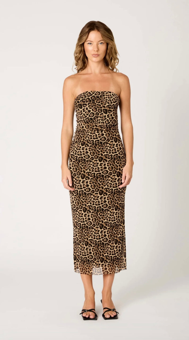 NIA The Brand Tan Rowa Strapless Mesh Overlay BodyCon Stretchy Midi Dress