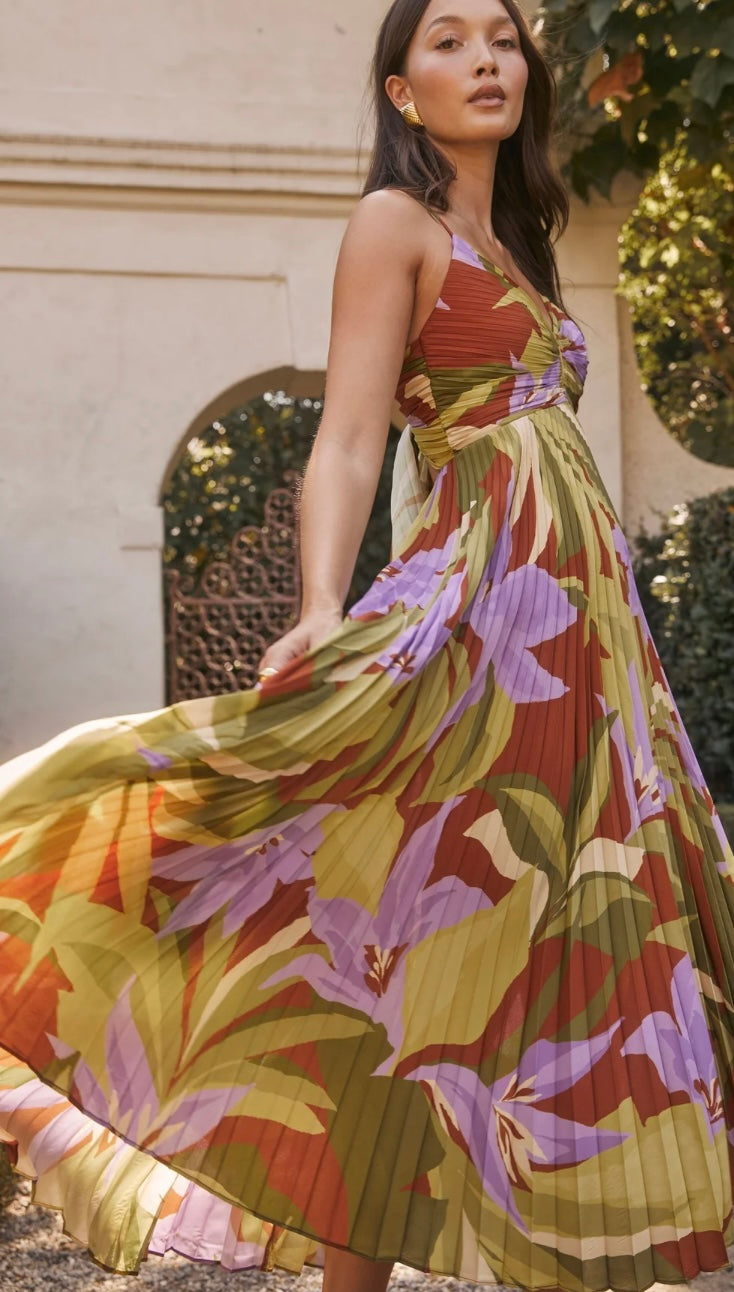 ASTR Green Rust Floral Plung Neckline Plisse Fabrication Cut Out Back w/Tie Strap Blythe Midi Dress
