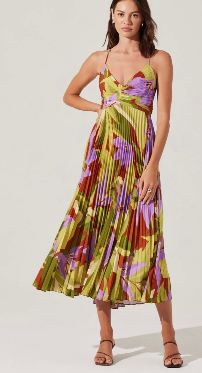 ASTR Green Rust Floral Plung Neckline Plisse Fabrication Cut Out Back w/Tie Strap Blythe Midi Dress