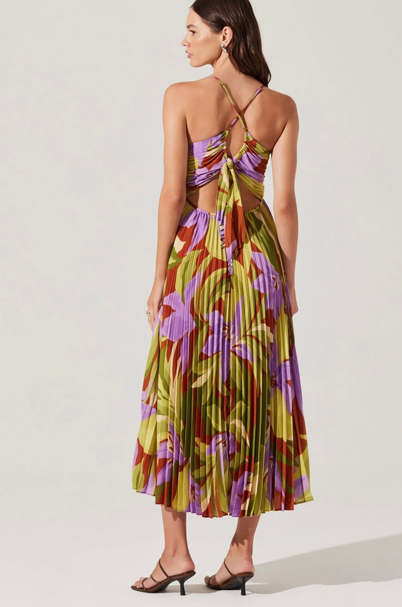 ASTR Green Rust Floral Plung Neckline Plisse Fabrication Cut Out Back w/Tie Strap Blythe Midi Dress