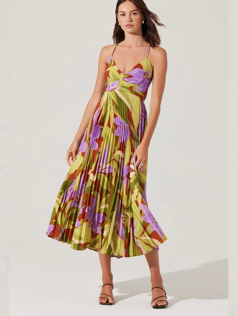ASTR Green Rust Floral Plung Neckline Plisse Fabrication Cut Out Back w/Tie Strap Blythe Midi Dress