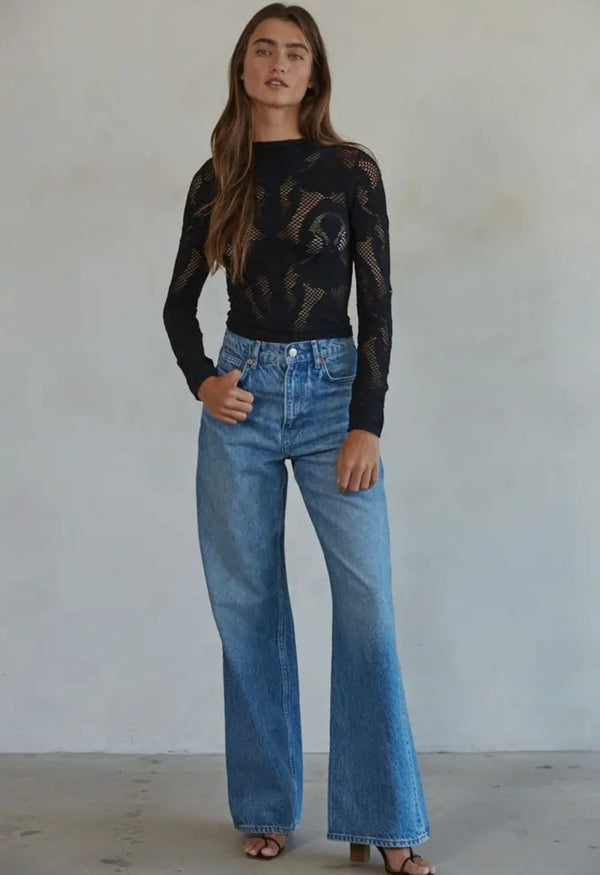 By Together Black Knit Seamless Jacquard Mock Neck Long Sleeve Top