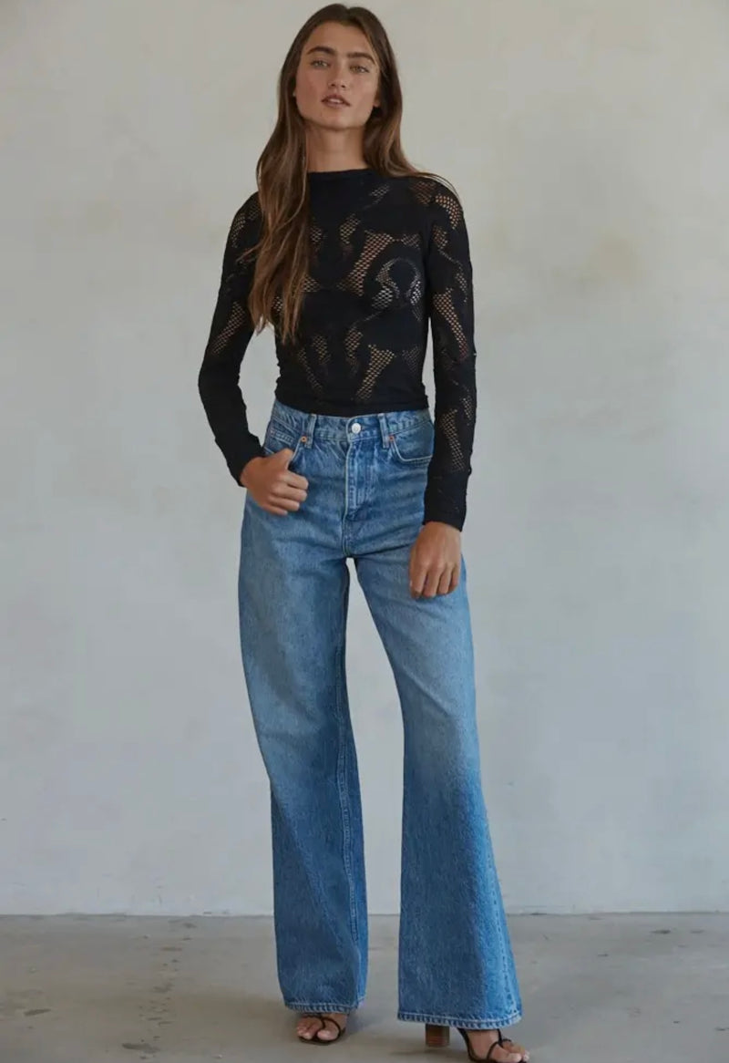 By Together Black Knit Seamless Jacquard Mock Neck Long Sleeve Top