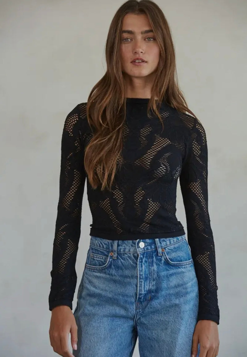By Together Black Knit Seamless Jacquard Mock Neck Long Sleeve Top