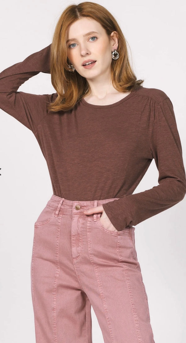 Another Love Chocolate Long Sleeve Puff Shoulder Crew Neck Slub Top