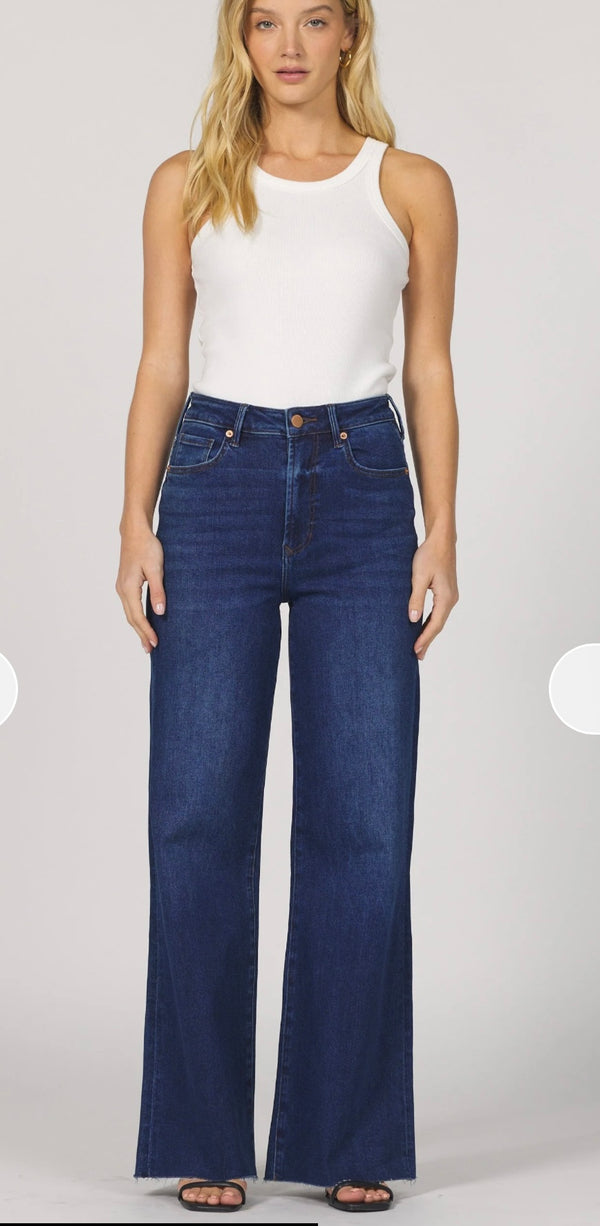 Dear John Denim Dark Knight Fiona Wide Leg High Rise Cut Off Hem Jeans