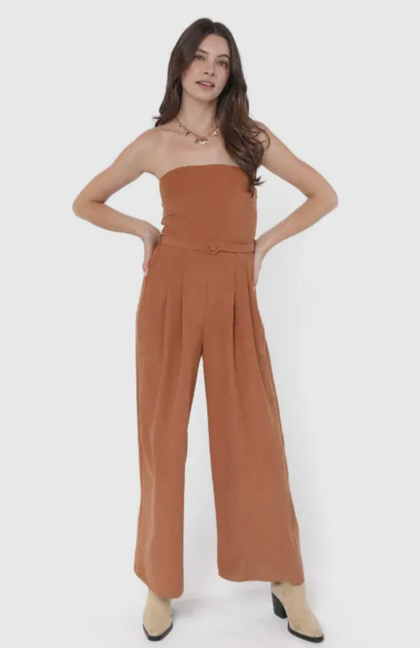 Sadie & Sage Rusty Brown Sundown Tube Top Belted Jumpsuit