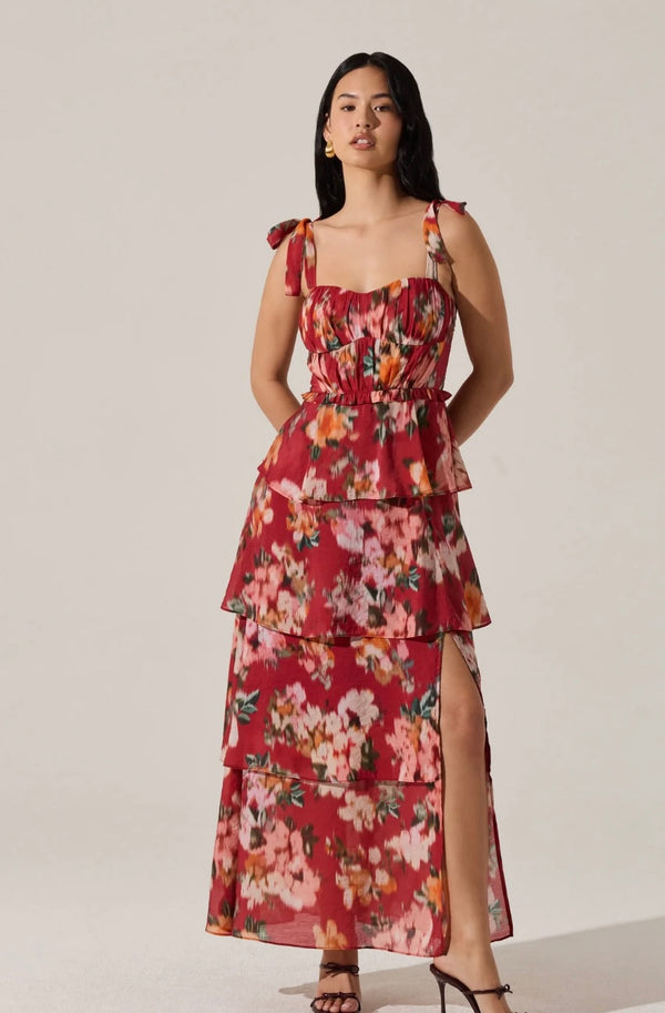 ASTR Red Multi Sweat Heart Neck Line Tiered Midi Dress