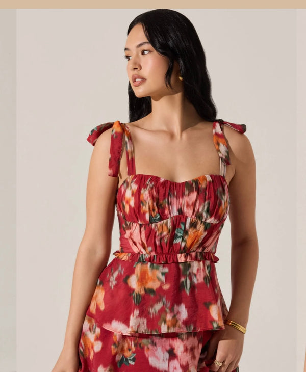 ASTR Red Multi Sweat Heart Neck Line Tiered Midi Dress
