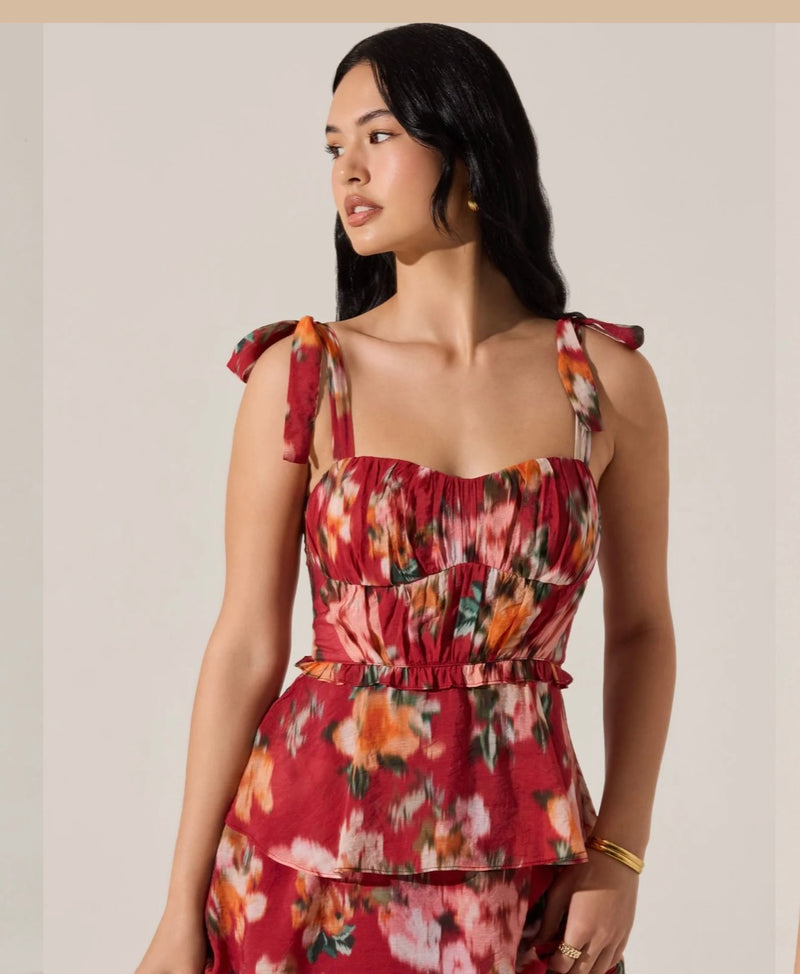 ASTR Red Multi Sweat Heart Neck Line Tiered Midi Dress