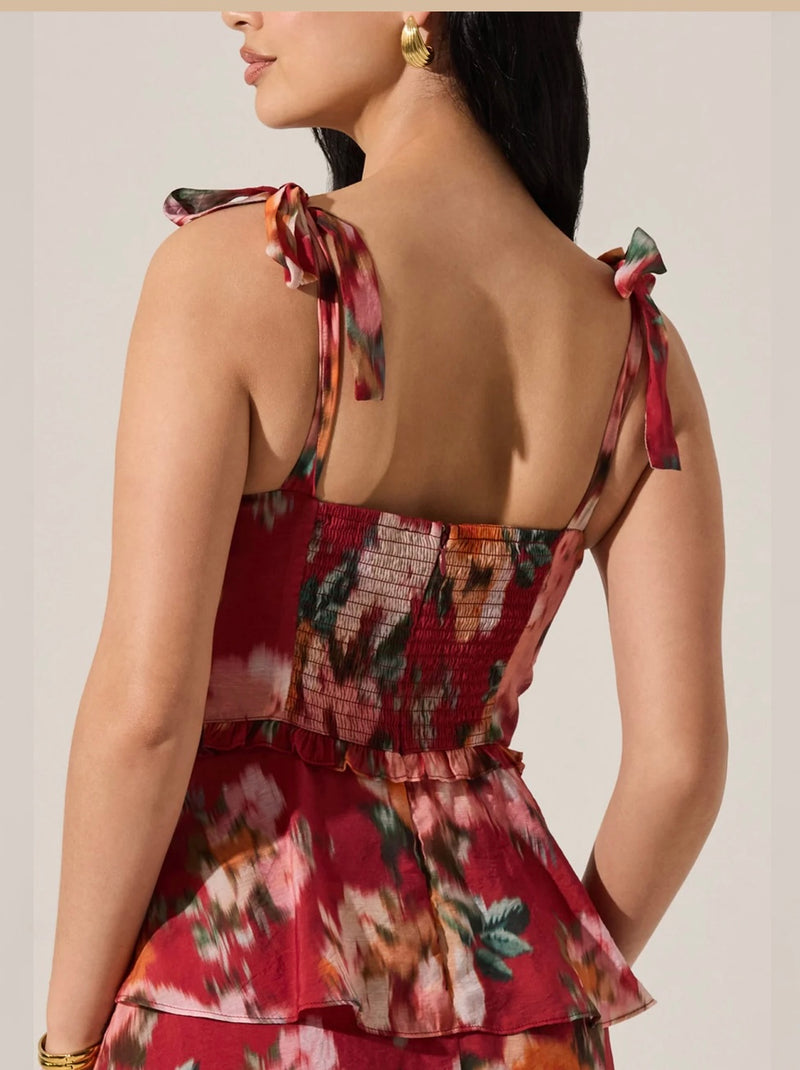 ASTR Red Multi Sweat Heart Neck Line Tiered Midi Dress
