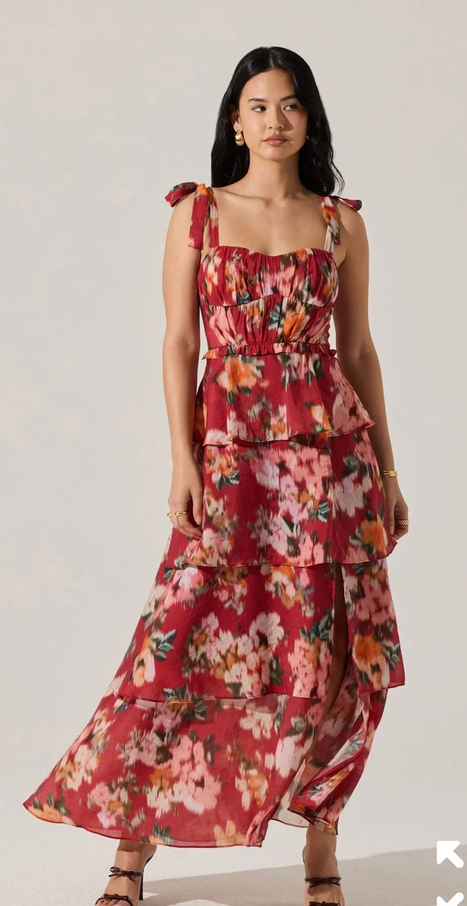 ASTR Red Multi Sweat Heart Neck Line Tiered Midi Dress