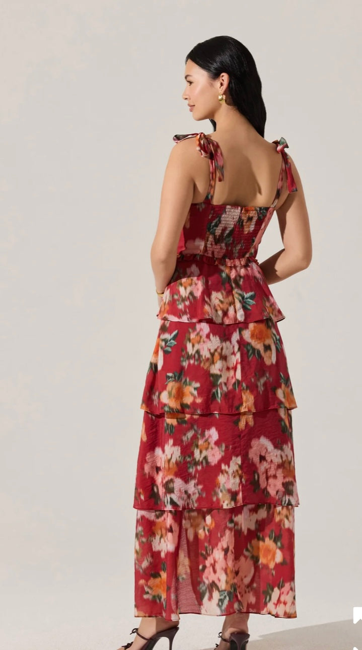 ASTR Red Multi Sweat Heart Neck Line Tiered Midi Dress