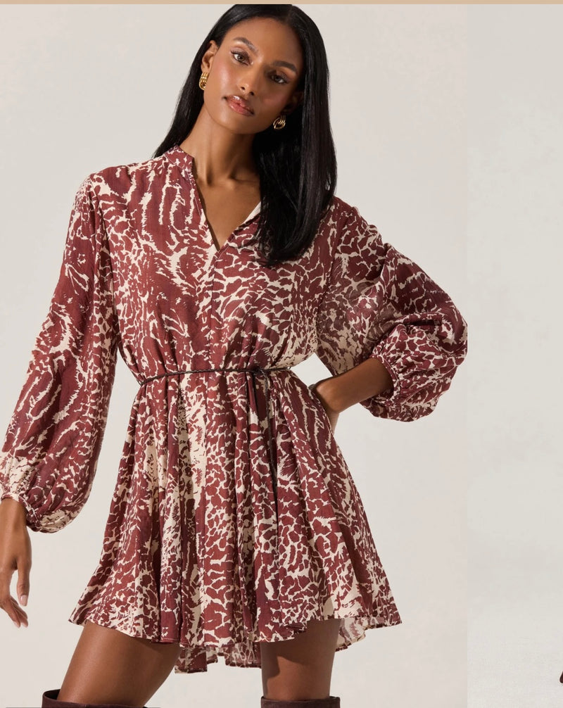 ASTR Rust Print Belted Neck Mini Dress