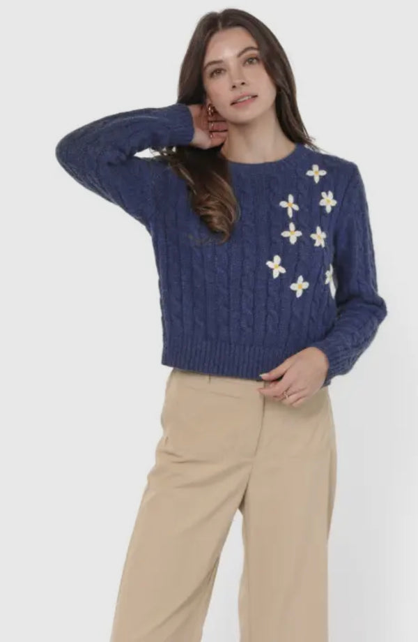 Sadie & Sage Navy LuLu Embroidered Daisy Crew Neck Sweater