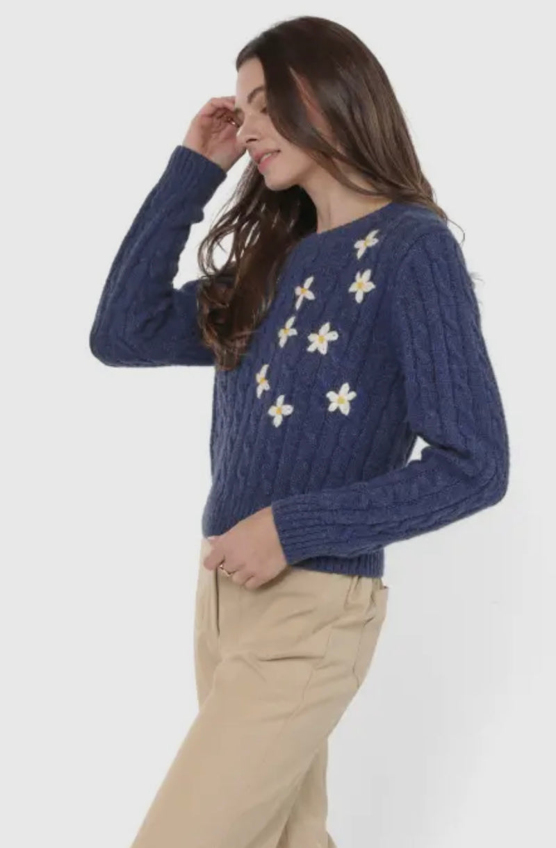 Sadie & Sage Navy LuLu Embroidered Daisy Crew Neck Sweater