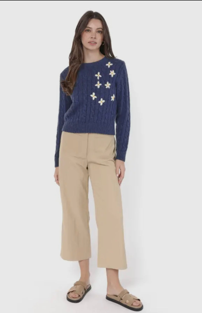 Sadie & Sage Navy LuLu Embroidered Daisy Crew Neck Sweater