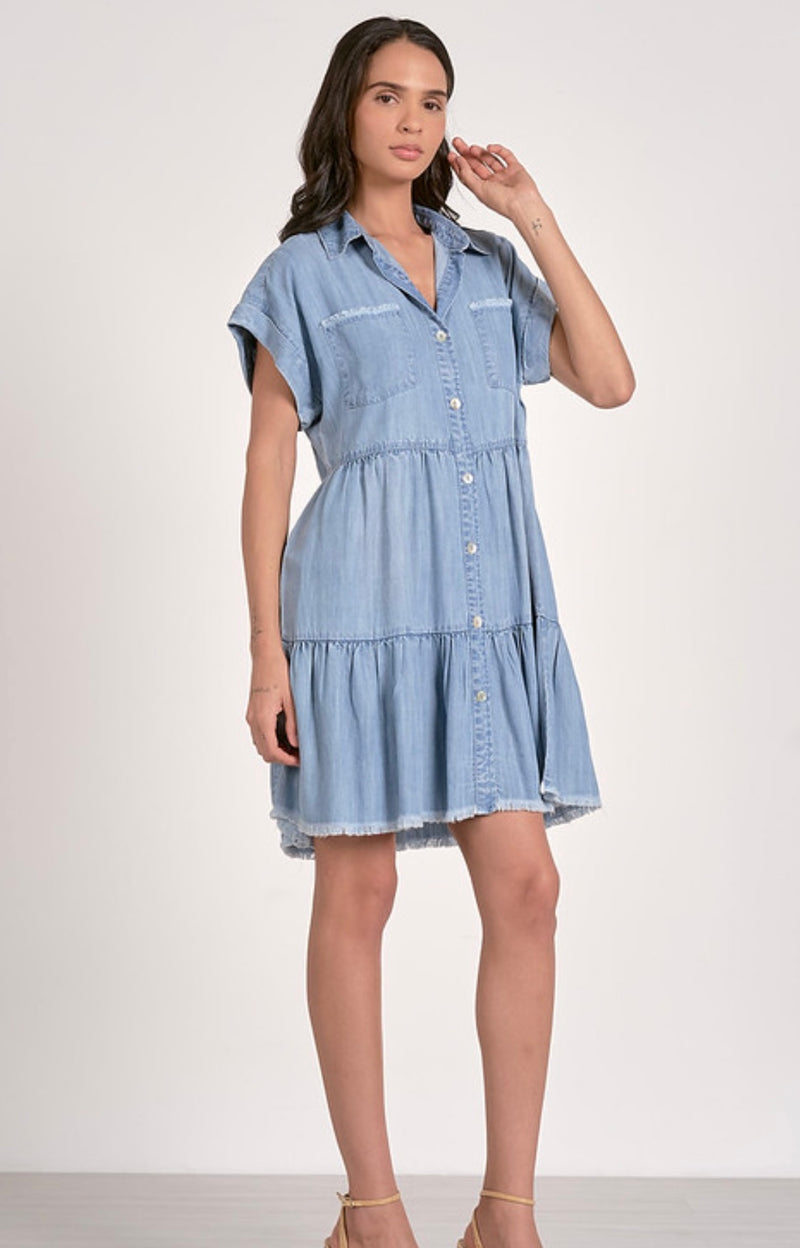Elan Denim Blue Tiered Short Sleeve Denim Mini Dress