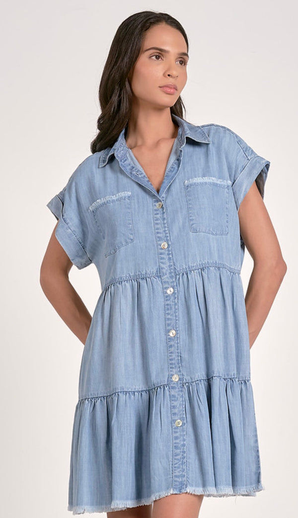 Elan Denim Blue Tiered Short Sleeve Denim Mini Dress