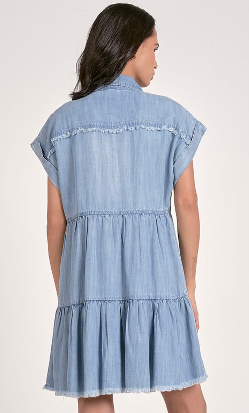 Elan Denim Blue Tiered Short Sleeve Denim Mini Dress