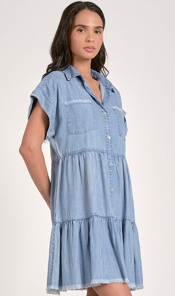 Elan Denim Blue Tiered Short Sleeve Denim Mini Dress