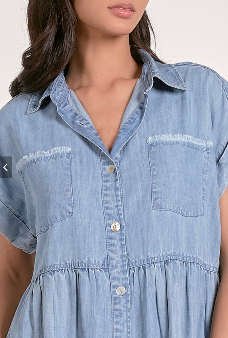 Elan Denim Blue Tiered Short Sleeve Denim Mini Dress